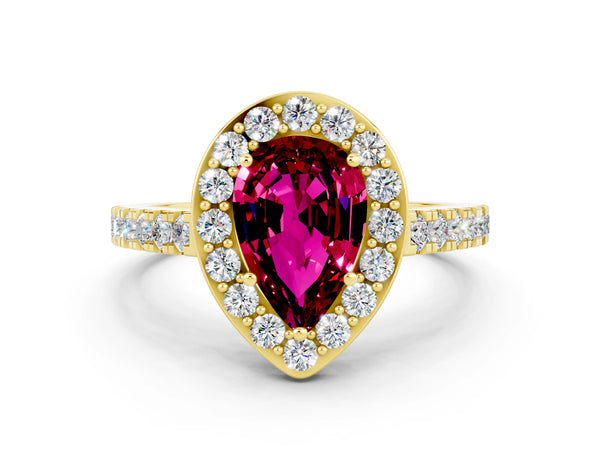 Yellow gold Pear Cut Garnet Halo Ring with Round Pavé Split Shank and Prong Setting