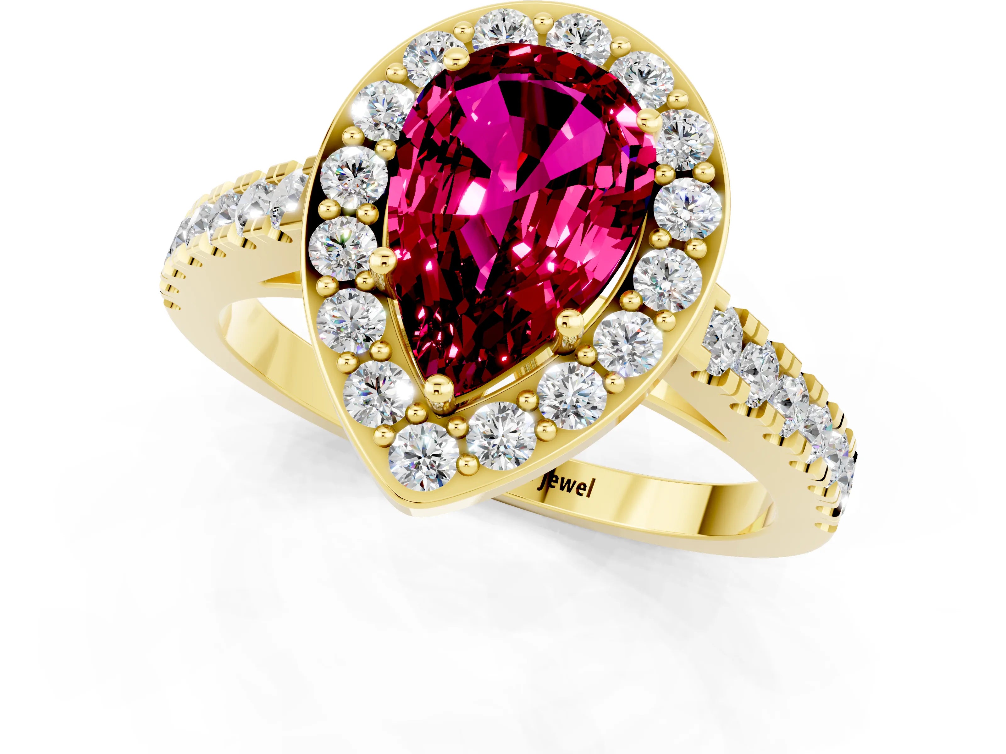 Yellow gold Pear Cut Halo Diamond Ring with Pavé Band and Three-Prong Setting_24