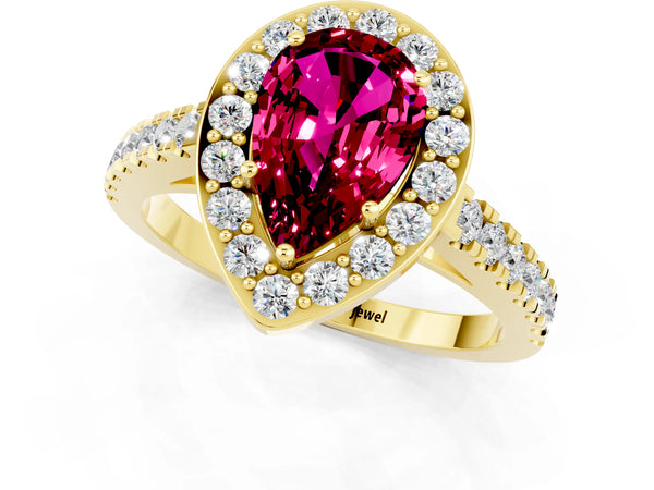 Yellow gold Pear Cut Garnet Halo Ring with Round Pavé Split Shank and Prong Setting
