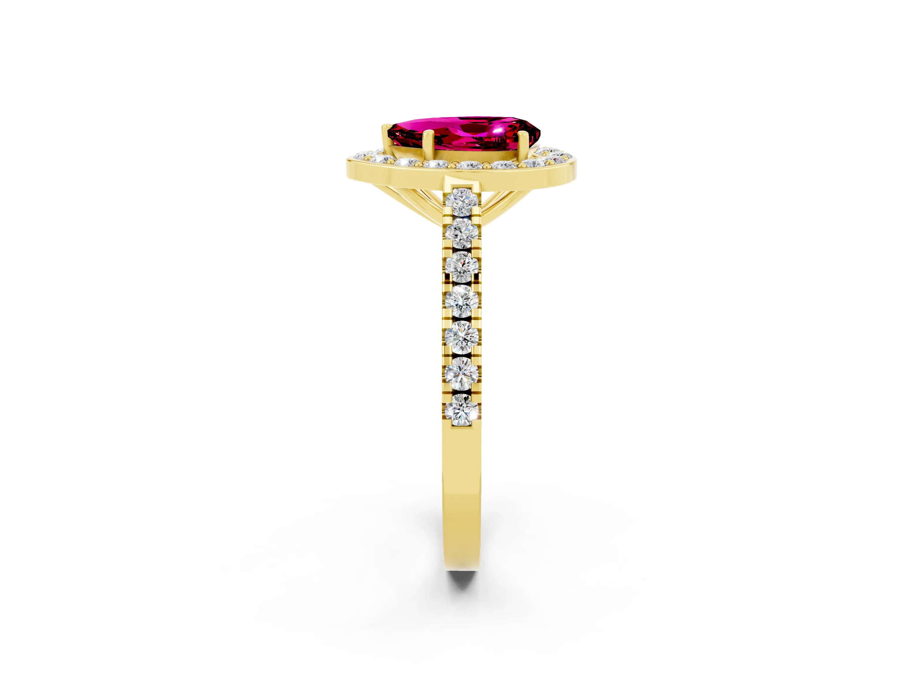 Yellow gold Pear Cut Halo Diamond Ring with Pavé Band and Three-Prong Setting_25