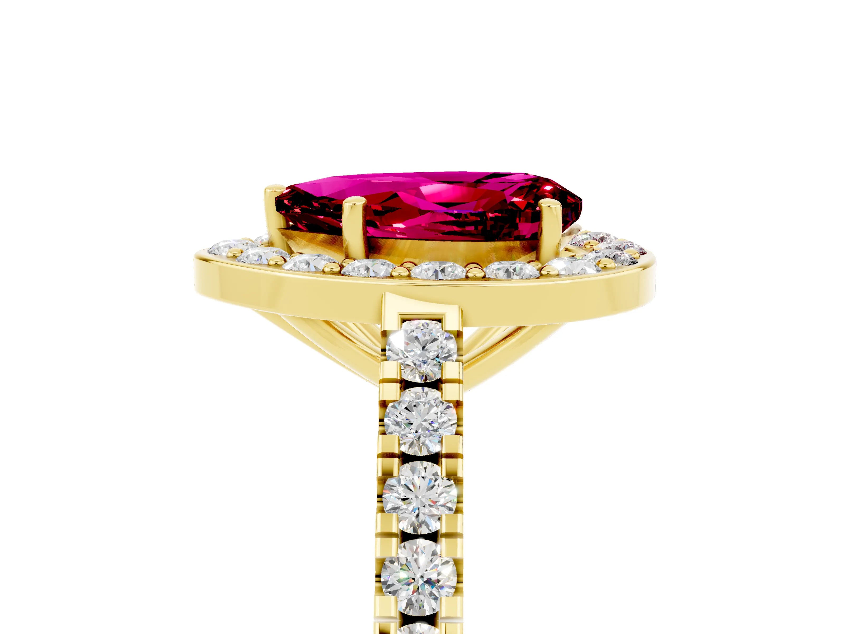 Yellow gold Pear Cut Halo Diamond Ring with Pavé Band and Three-Prong Setting_28