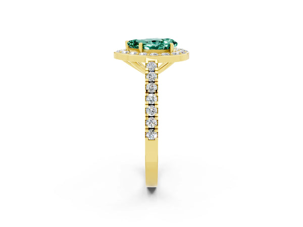 Yellow gold Pear Cut Green Sapphire Halo Ring with Round Pavé Split Shank and Prong Setting