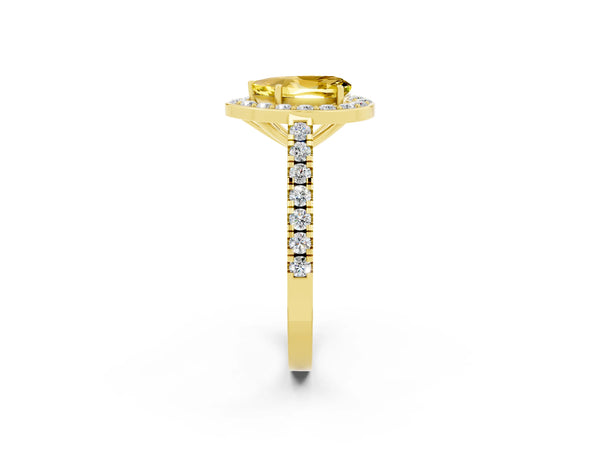 Yellow gold Pear Cut Yellow Sapphire Halo Ring with Round Pavé Split Shank and Prong Setting