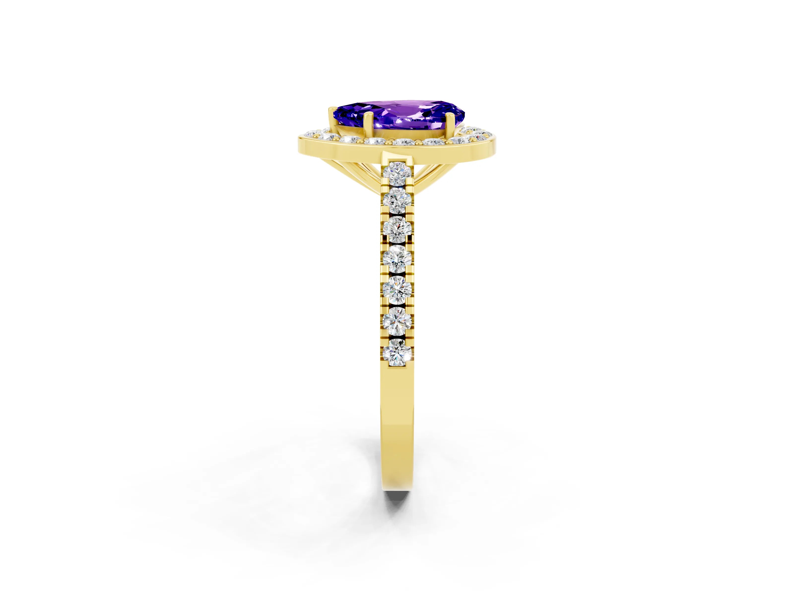 Yellow gold Pear Cut Halo Diamond Ring with Pavé Band and Three-Prong Setting_2