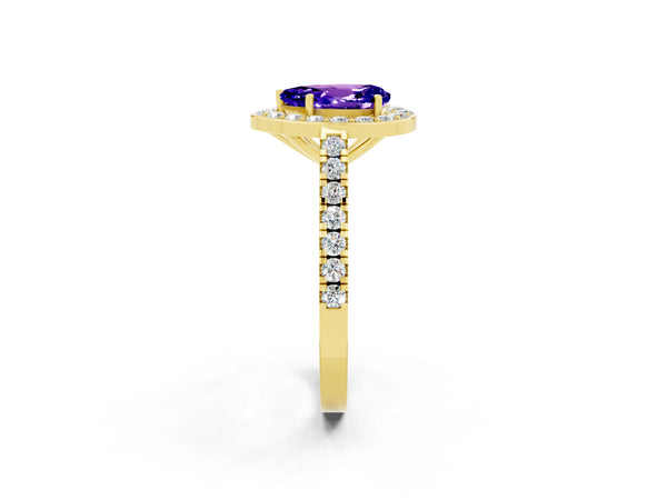 Yellow gold Pear Cut Tanzanite Halo Ring with Round Pavé Split Shank and Prong Setting