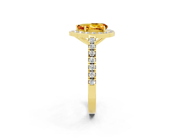 Yellow gold Pear Cut Citrine Halo Ring with Round Pavé Split Shank and Prong Setting
