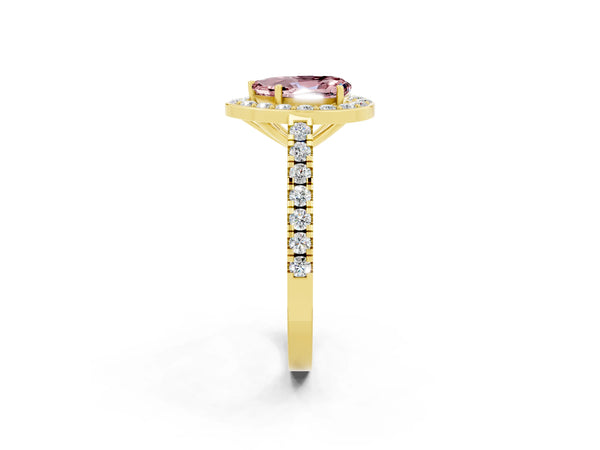 Yellow gold Pear Cut Halo Diamond Ring with Pavé Band and Three-Prong Setting