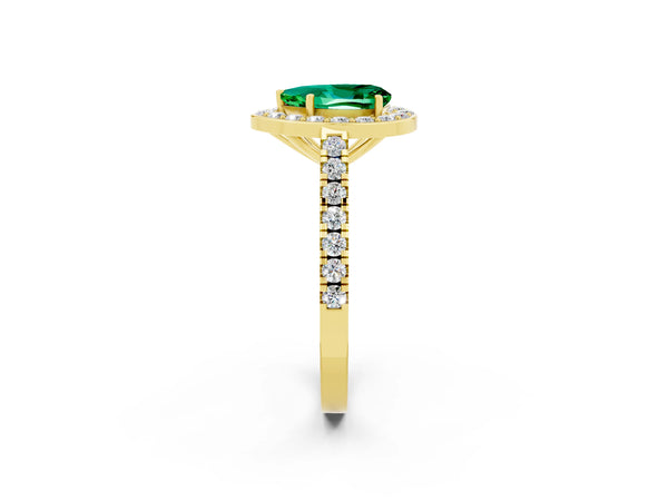 Yellow gold Pear Cut Emerald Halo Ring with Round Pavé Split Shank and Prong Setting