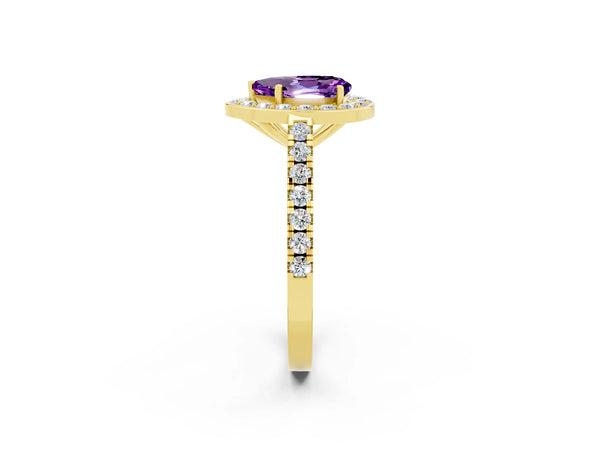Yellow gold Pear Cut Amethyst Halo Ring with Round Pavé Split Shank and Prong Setting