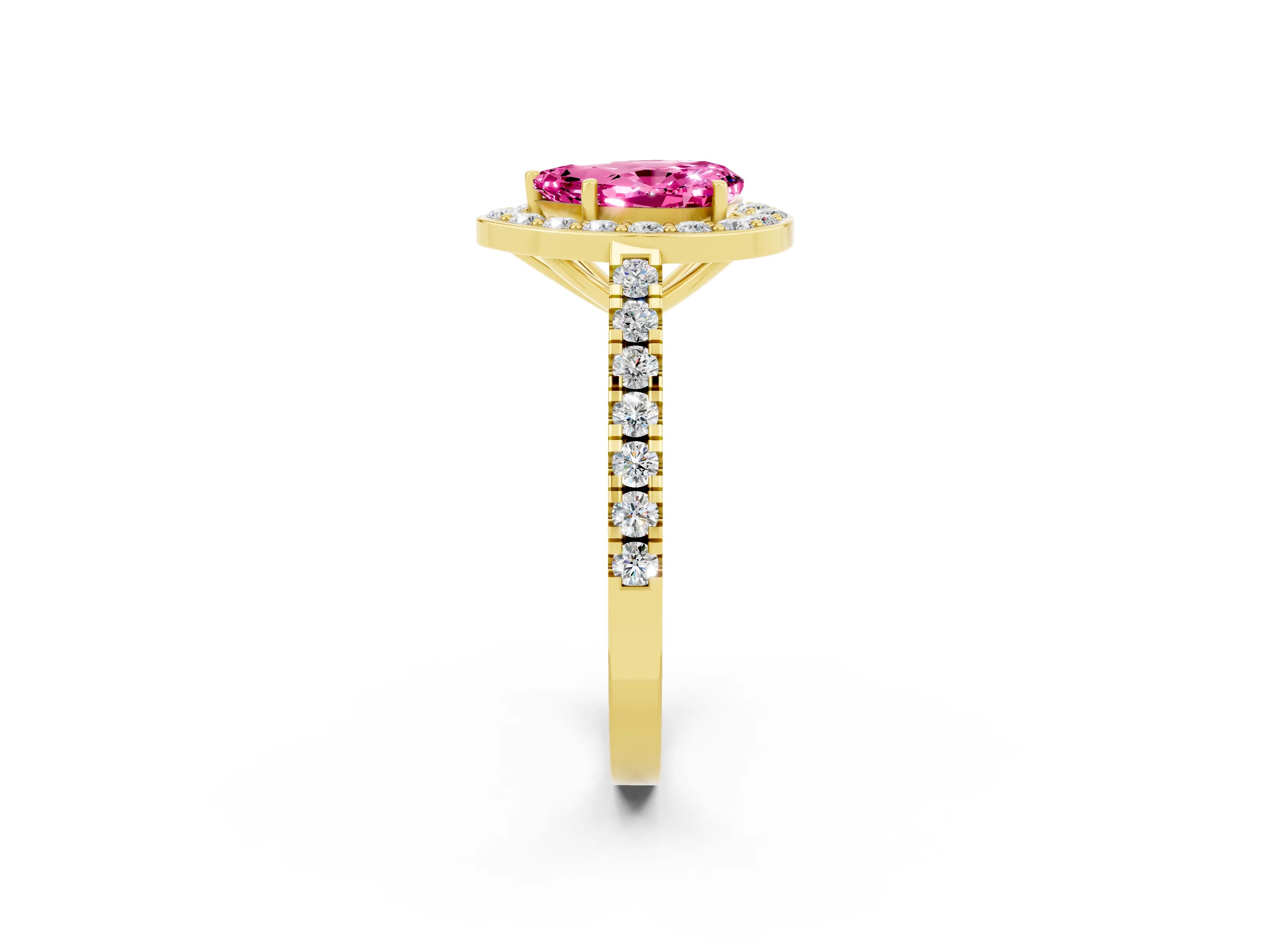 Yellow gold Pear Cut Halo Diamond Ring with Pavé Band and Three-Prong Setting_2