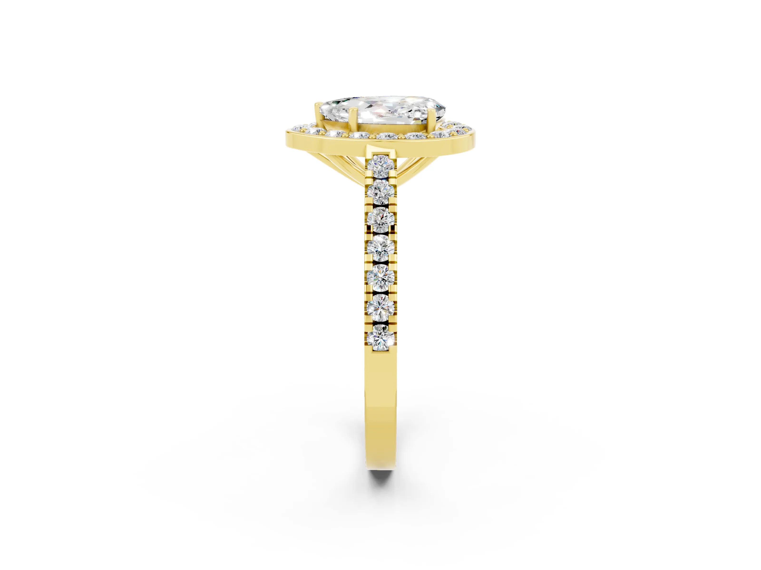 Yellow gold Pear Cut Halo Diamond Ring with Pavé Band and Three-Prong Setting_2