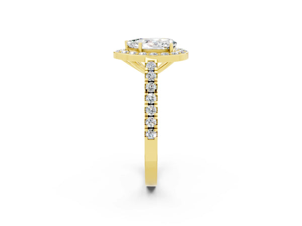 Yellow gold Pear Cut Moissanite Halo Ring with Round Pavé Split Shank and Prong Setting
