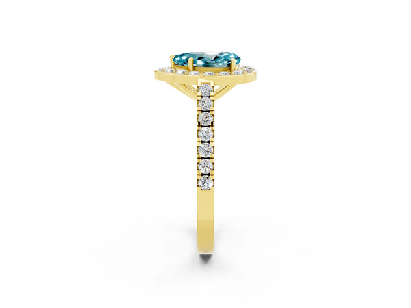 Yellow gold Pear Cut Halo Diamond Ring with Pavé Band and Three-Prong Setting