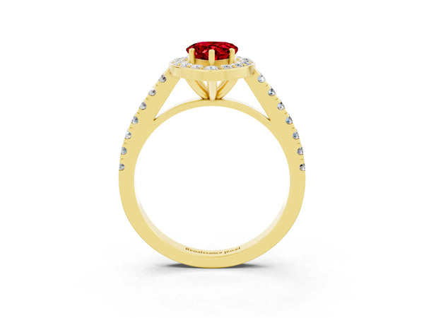 Yellow gold Pear Cut Ruby Halo Ring with Round Pavé Split Shank and Prong Setting