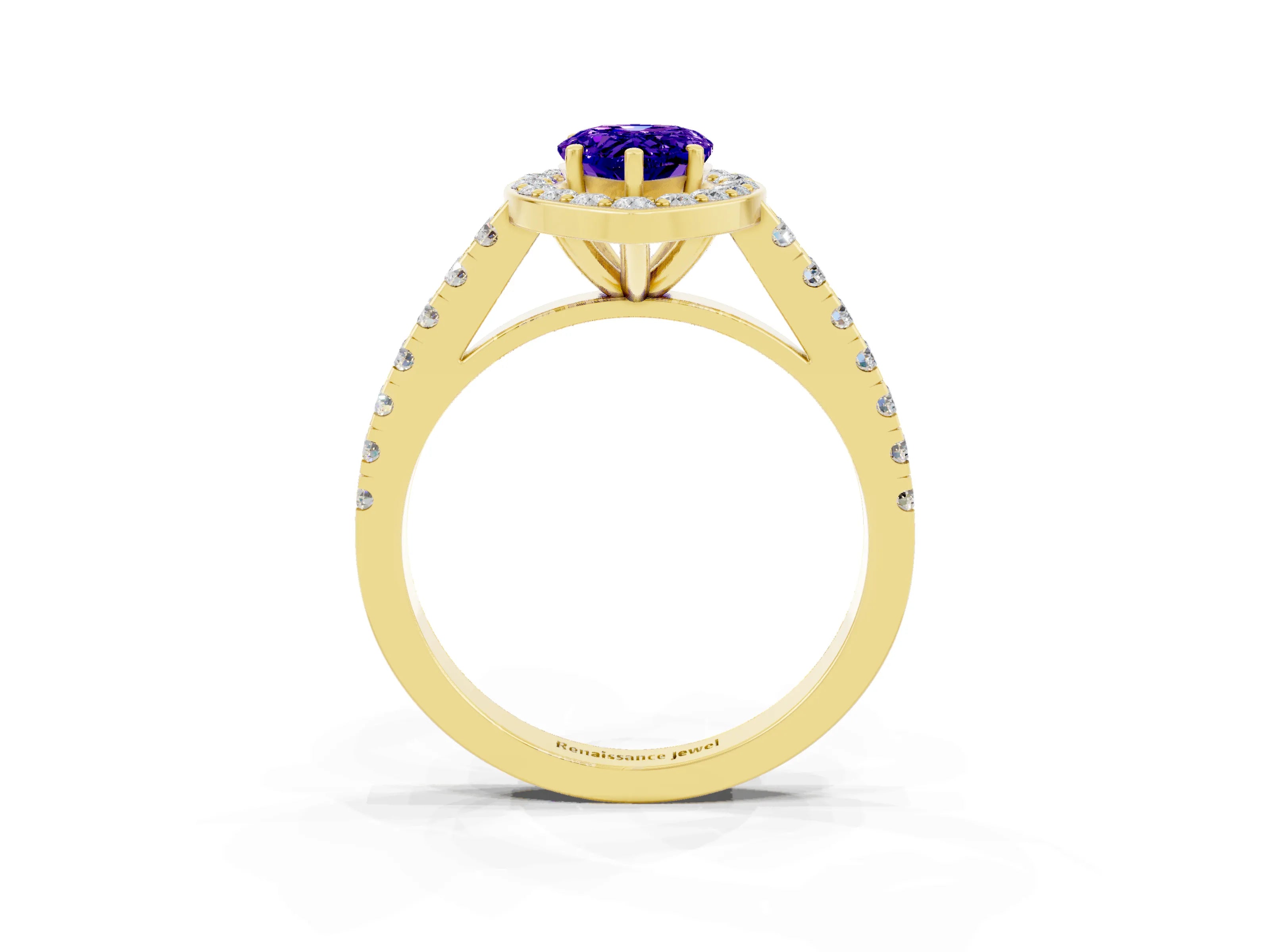 Yellow gold Pear Cut Halo Diamond Ring with Pavé Band and Three-Prong Setting_3