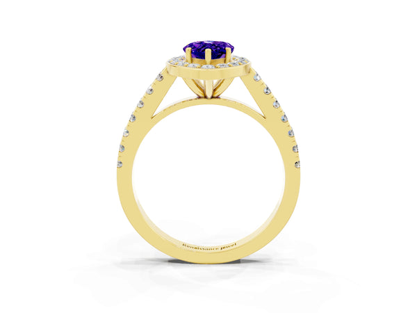 Yellow gold Pear Cut Tanzanite Halo Ring with Round Pavé Split Shank and Prong Setting