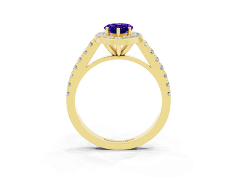 Yellow gold Pear Cut Halo Diamond Ring with Pavé Band and Three-Prong Setting_3