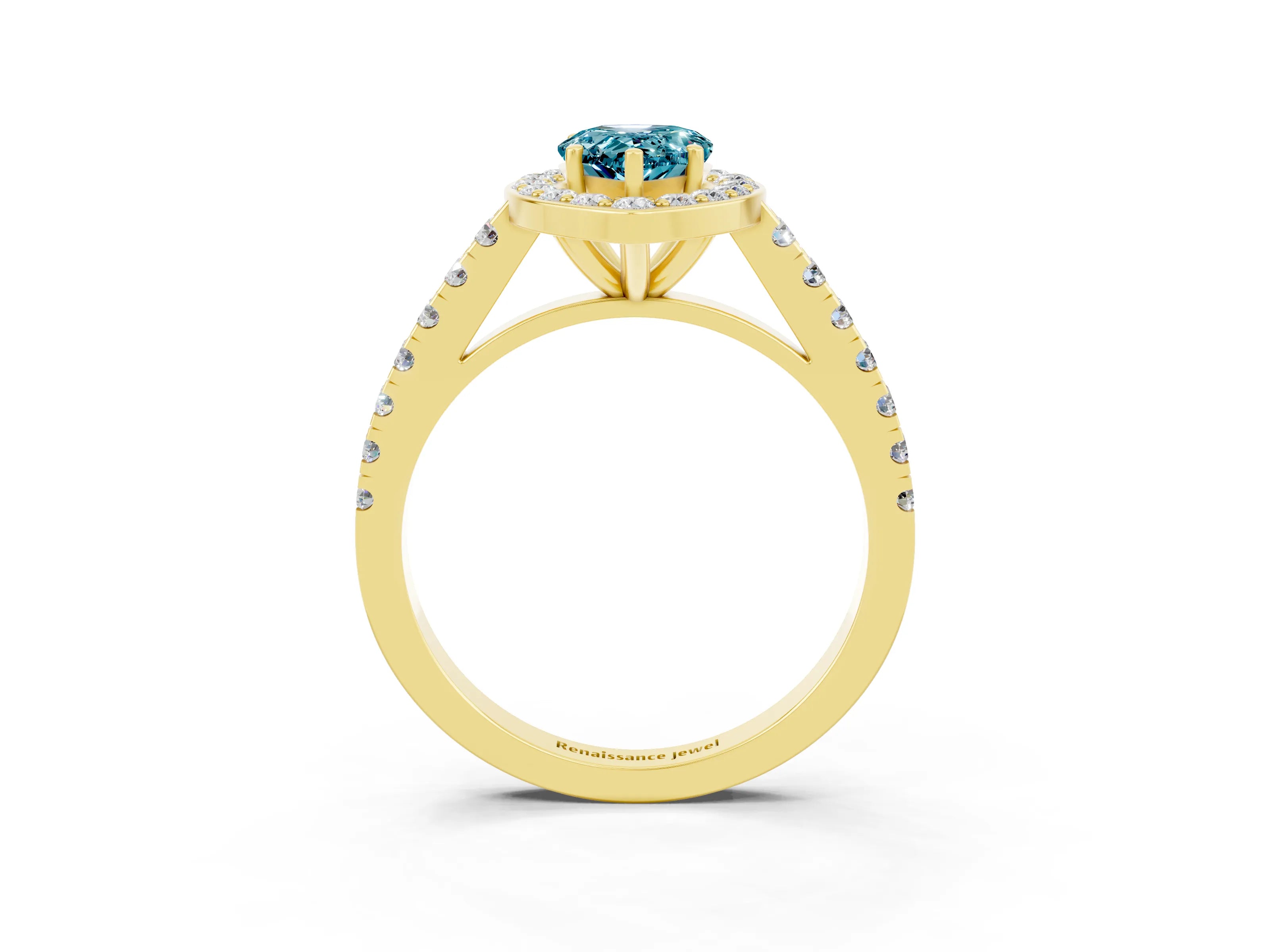 Yellow gold Pear Cut Halo Diamond Ring with Pavé Band and Three-Prong Setting_3