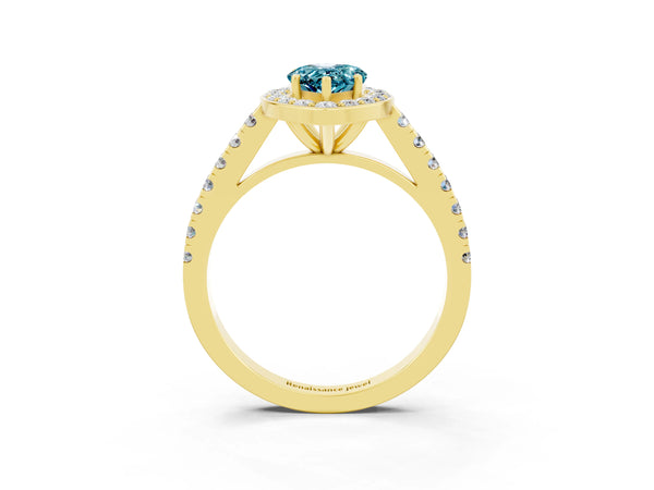 Yellow gold Pear Cut Halo Diamond Ring with Pavé Band and Three-Prong Setting