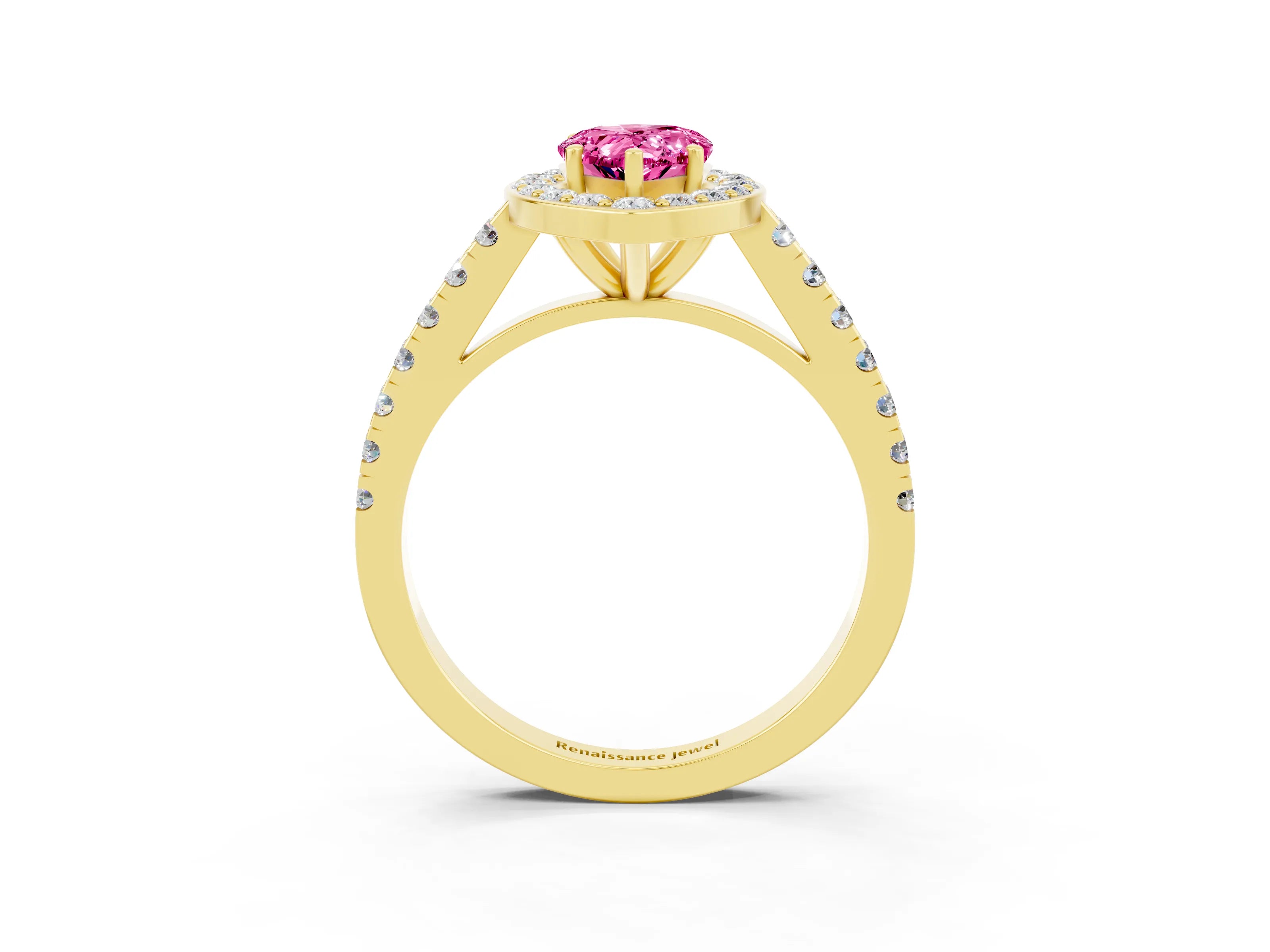 Yellow gold Pear Cut Halo Diamond Ring with Pavé Band and Three-Prong Setting_3