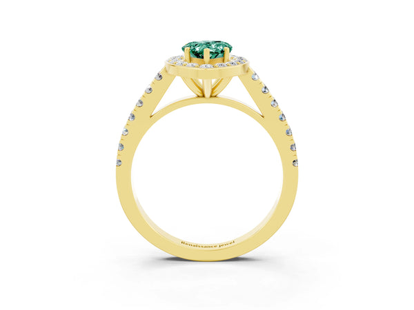 Yellow gold Pear Cut Green Sapphire Halo Ring with Round Pavé Split Shank and Prong Setting