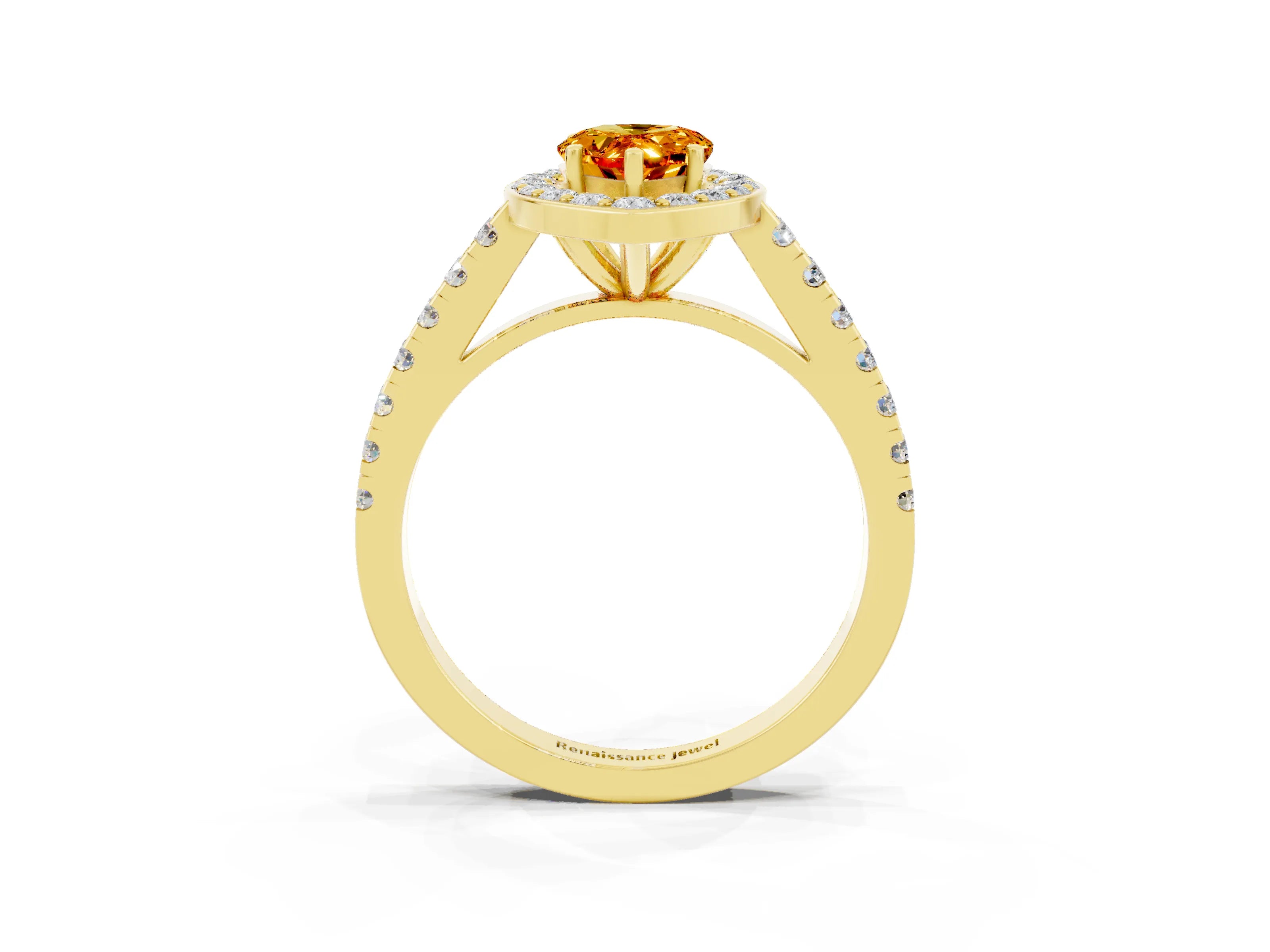 Yellow gold Pear Cut Halo Diamond Ring with Pavé Band and Three-Prong Setting_3