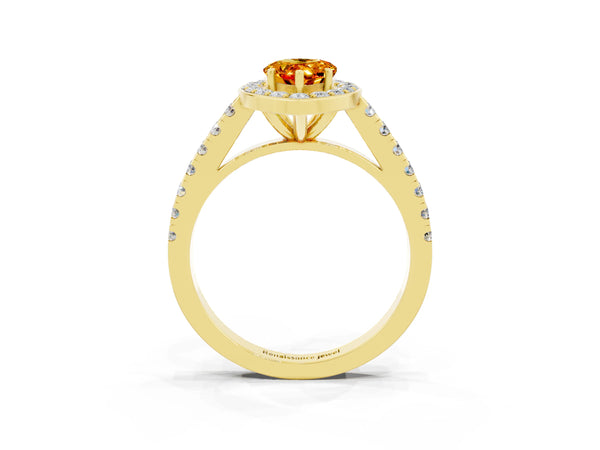 Yellow gold Pear Cut Citrine Halo Ring with Round Pavé Split Shank and Prong Setting