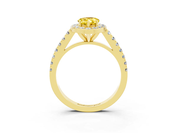 Yellow gold Pear Cut Yellow Sapphire Halo Ring with Round Pavé Split Shank and Prong Setting