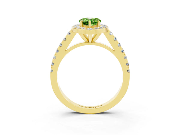 Yellow gold Pear Cut Halo Diamond Ring with Pavé Band and Three-Prong Setting