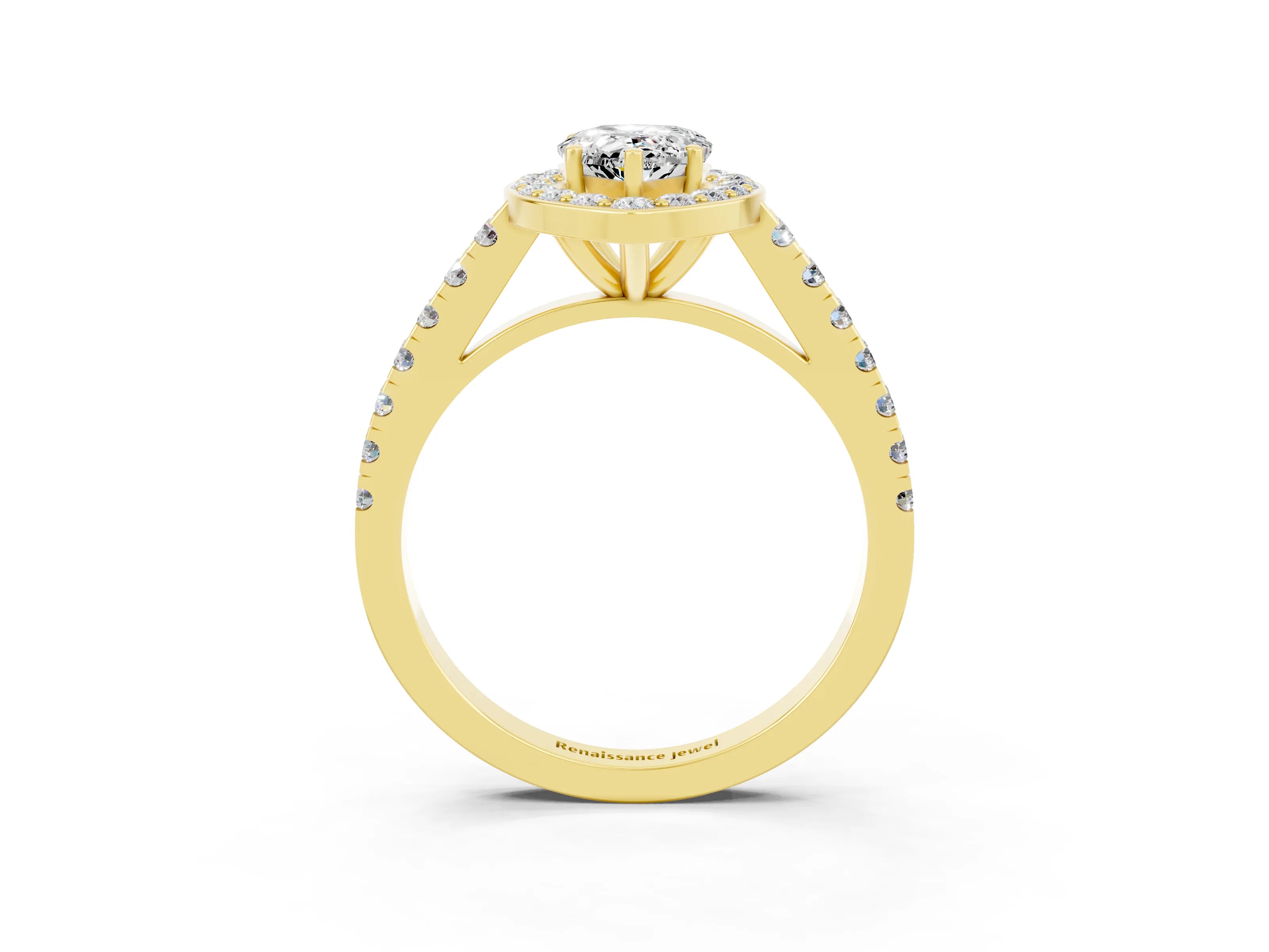 Yellow gold Pear Cut Halo Diamond Ring with Pavé Band and Three-Prong Setting_3