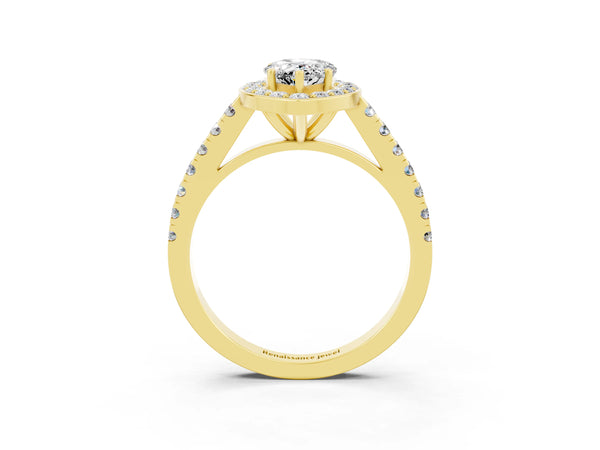 Yellow gold Pear Cut Moissanite Halo Ring with Round Pavé Split Shank and Prong Setting