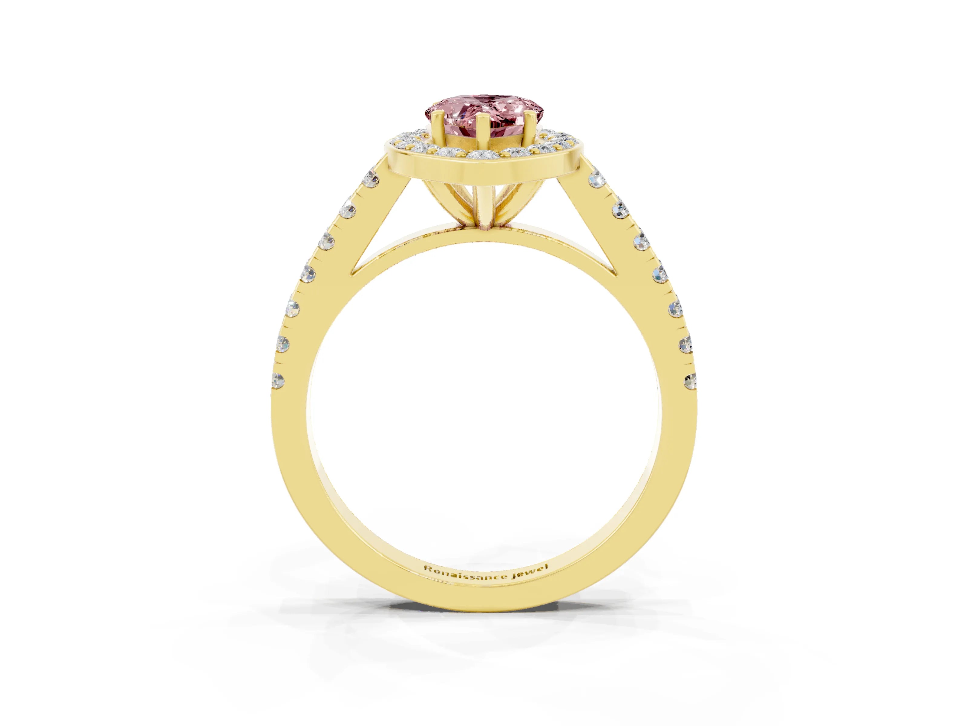 Yellow gold Pear Cut Halo Diamond Ring with Pavé Band and Three-Prong Setting_3