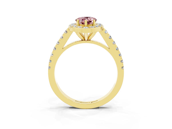 Yellow gold Pear Cut Halo Diamond Ring with Pavé Band and Three-Prong Setting
