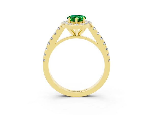 Yellow gold Pear Cut Emerald Halo Ring with Round Pavé Split Shank and Prong Setting