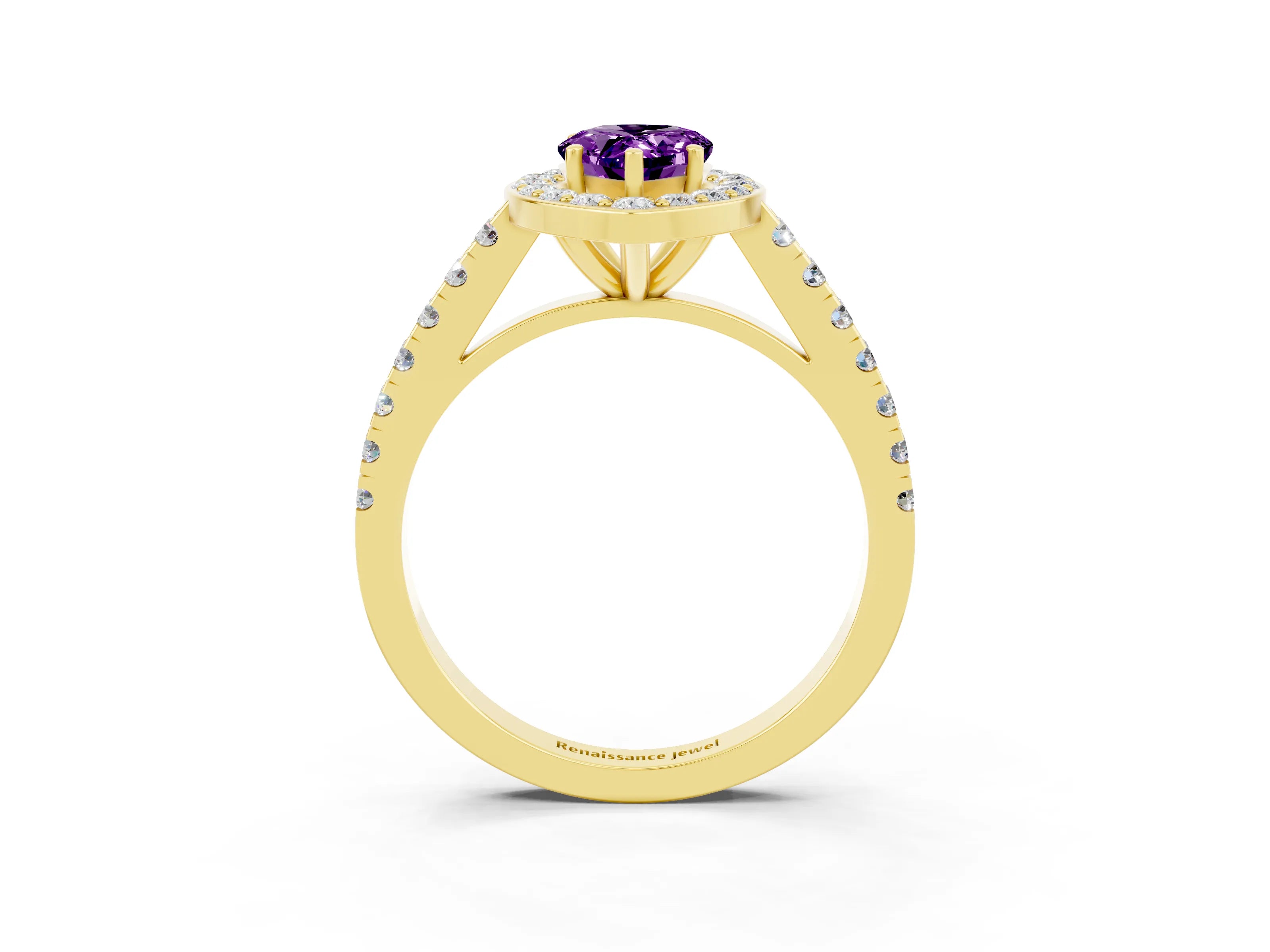 Yellow gold Pear Cut Halo Diamond Ring with Pavé Band and Three-Prong Setting_3