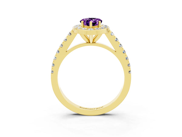 Yellow gold Pear Cut Amethyst Halo Ring with Round Pavé Split Shank and Prong Setting