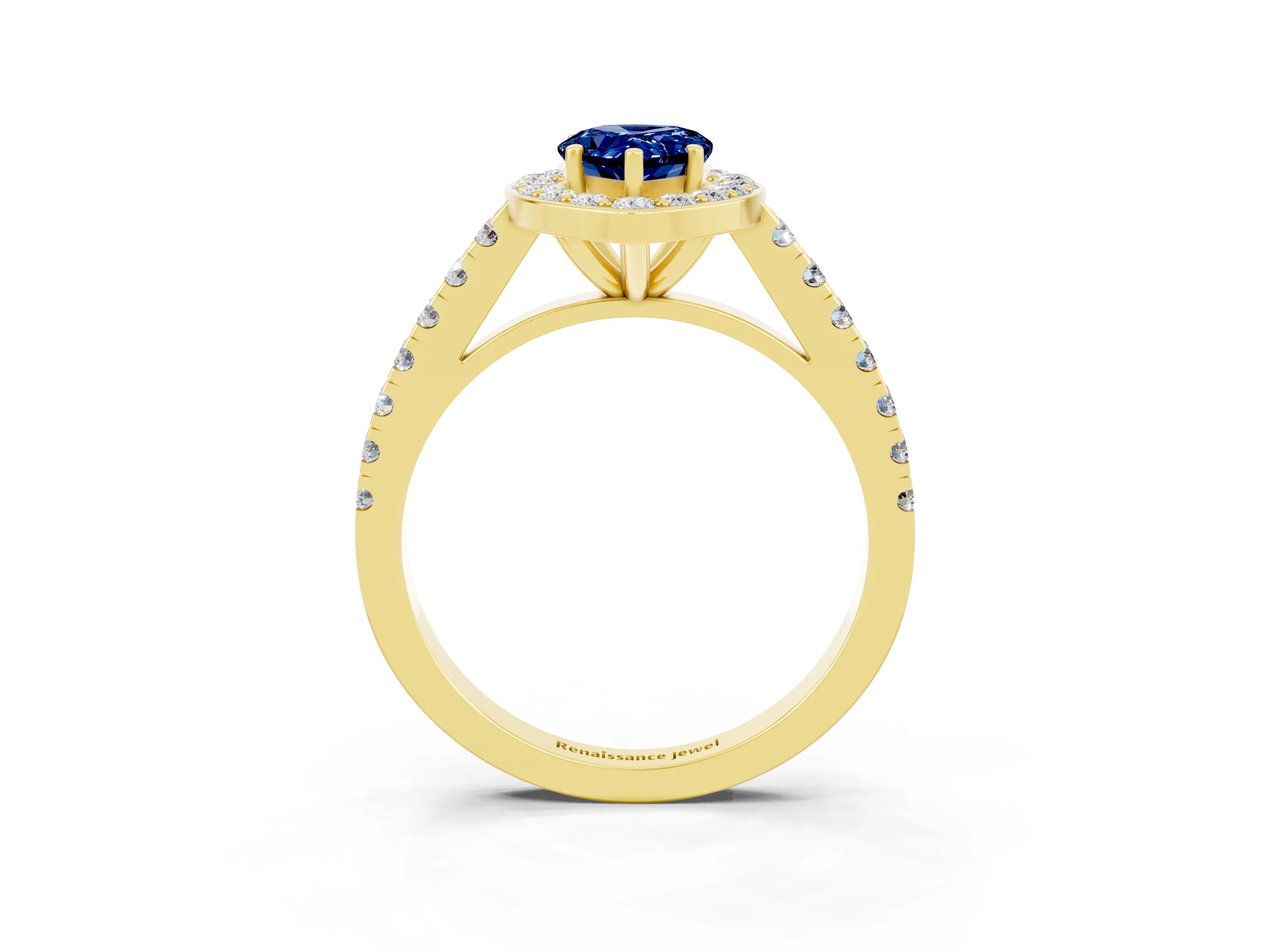 Yellow gold Pear Cut Halo Diamond Ring with Pavé Band and Three-Prong Setting_3