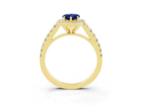 Yellow gold Pear Cut Halo Diamond Ring with Pavé Band and Three-Prong Setting_3