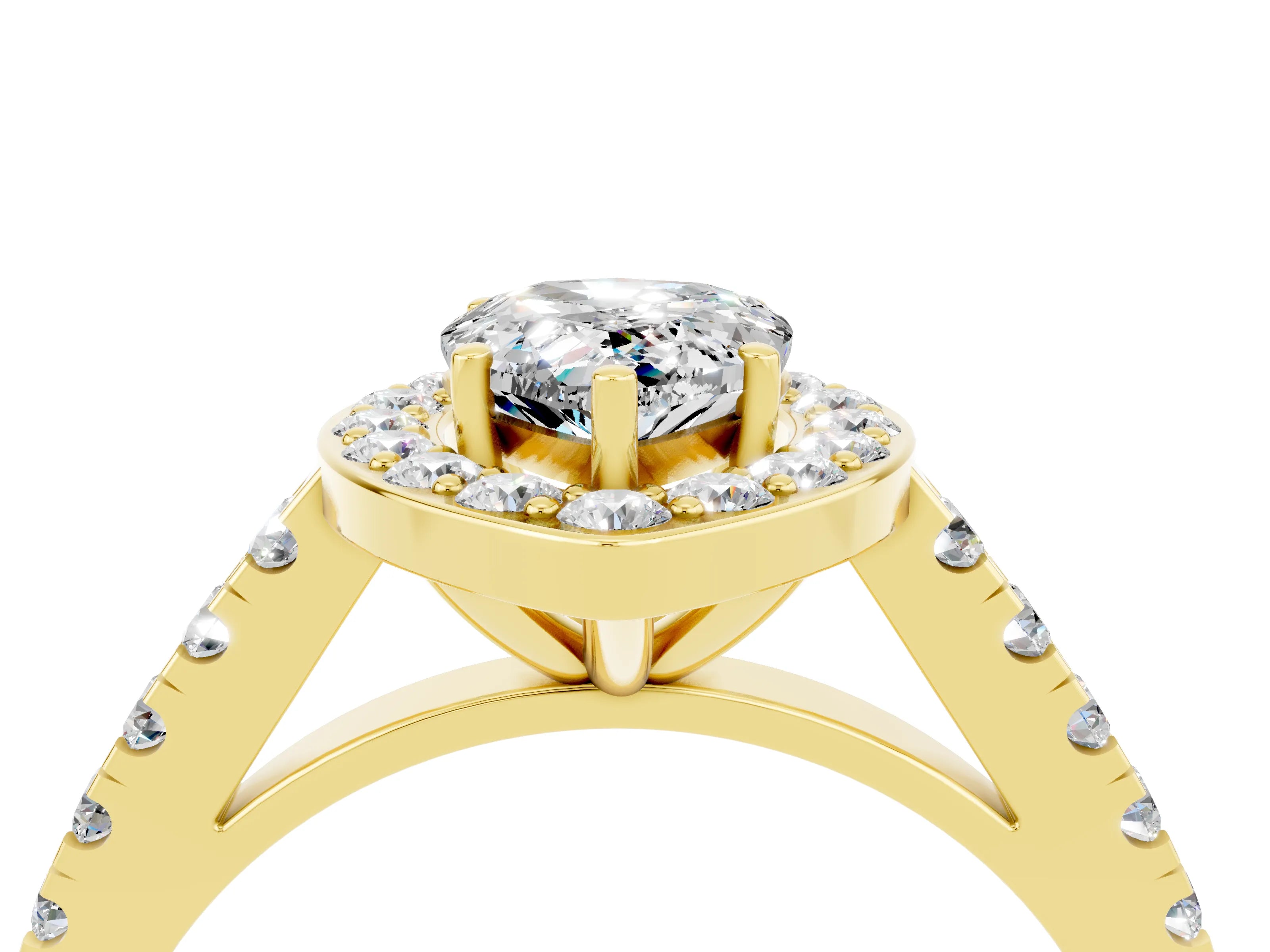 Yellow gold Pear Cut Halo Diamond Ring with Pavé Band and Three-Prong Setting_4