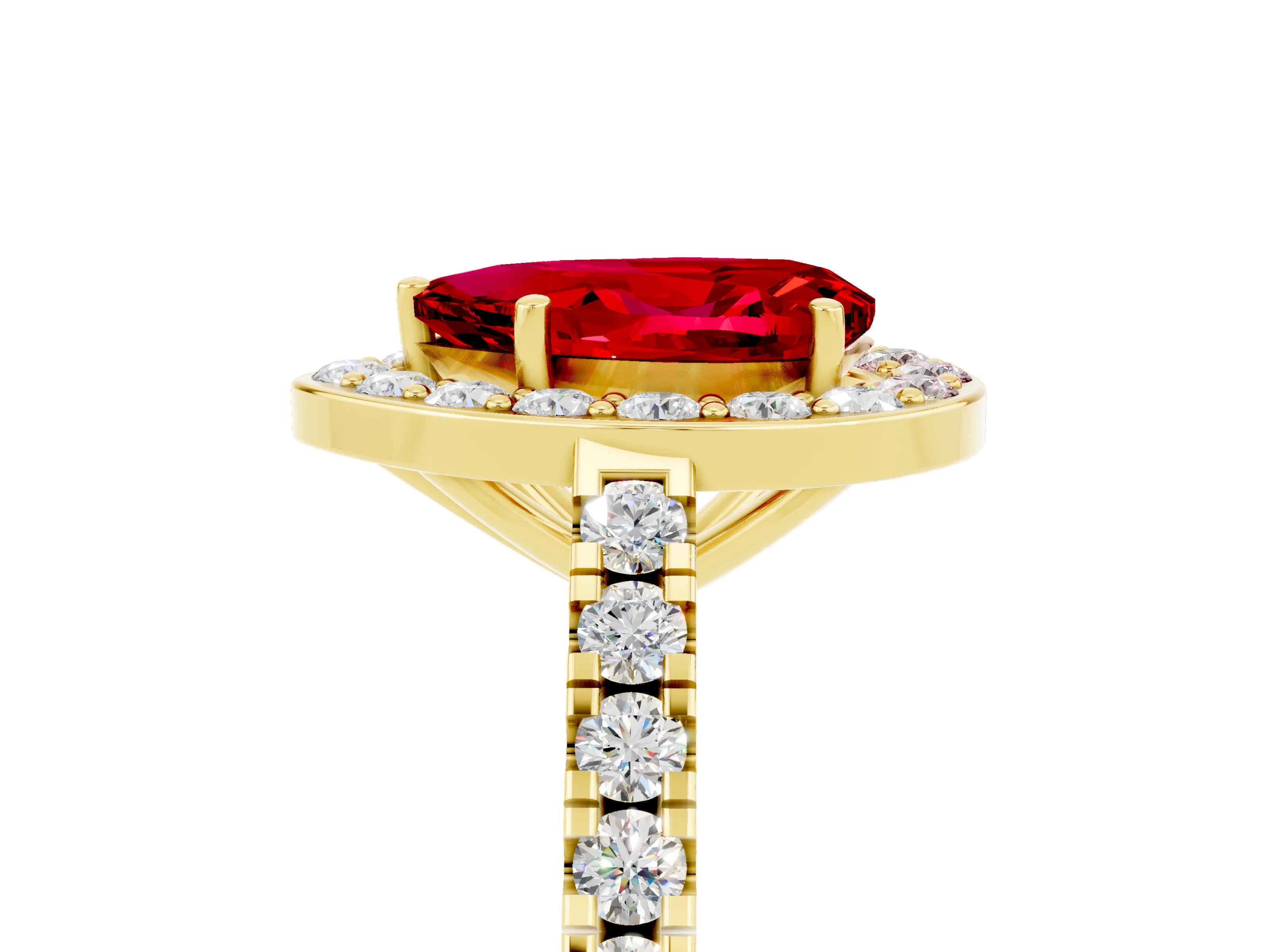 Yellow gold Pear Cut Halo Diamond Ring with Pavé Band and Three-Prong Setting_5