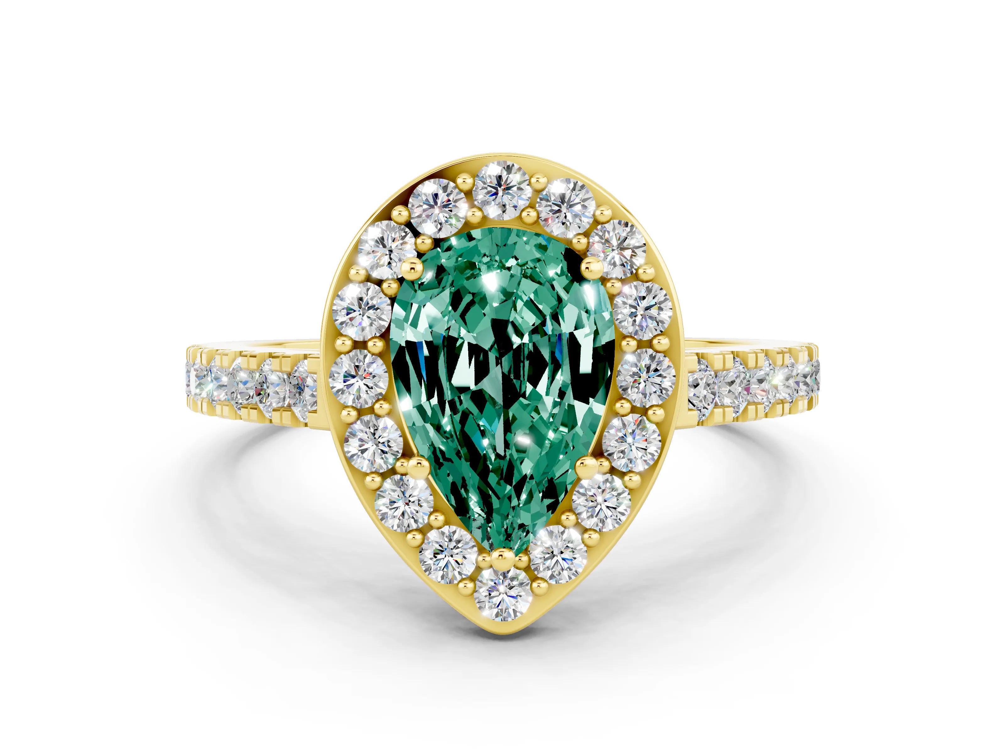 Yellow gold Pear Cut Halo Diamond Ring with Pavé Band and Three-Prong Setting