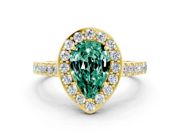Yellow gold Pear Cut Green Sapphire Halo Ring with Round Pavé Split Shank and Prong Setting