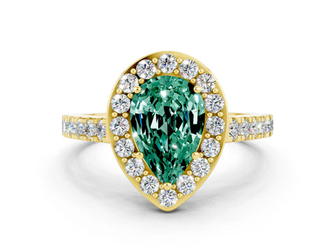 Yellow gold Pear Cut Halo Diamond Ring with Pavé Band and Three-Prong Setting