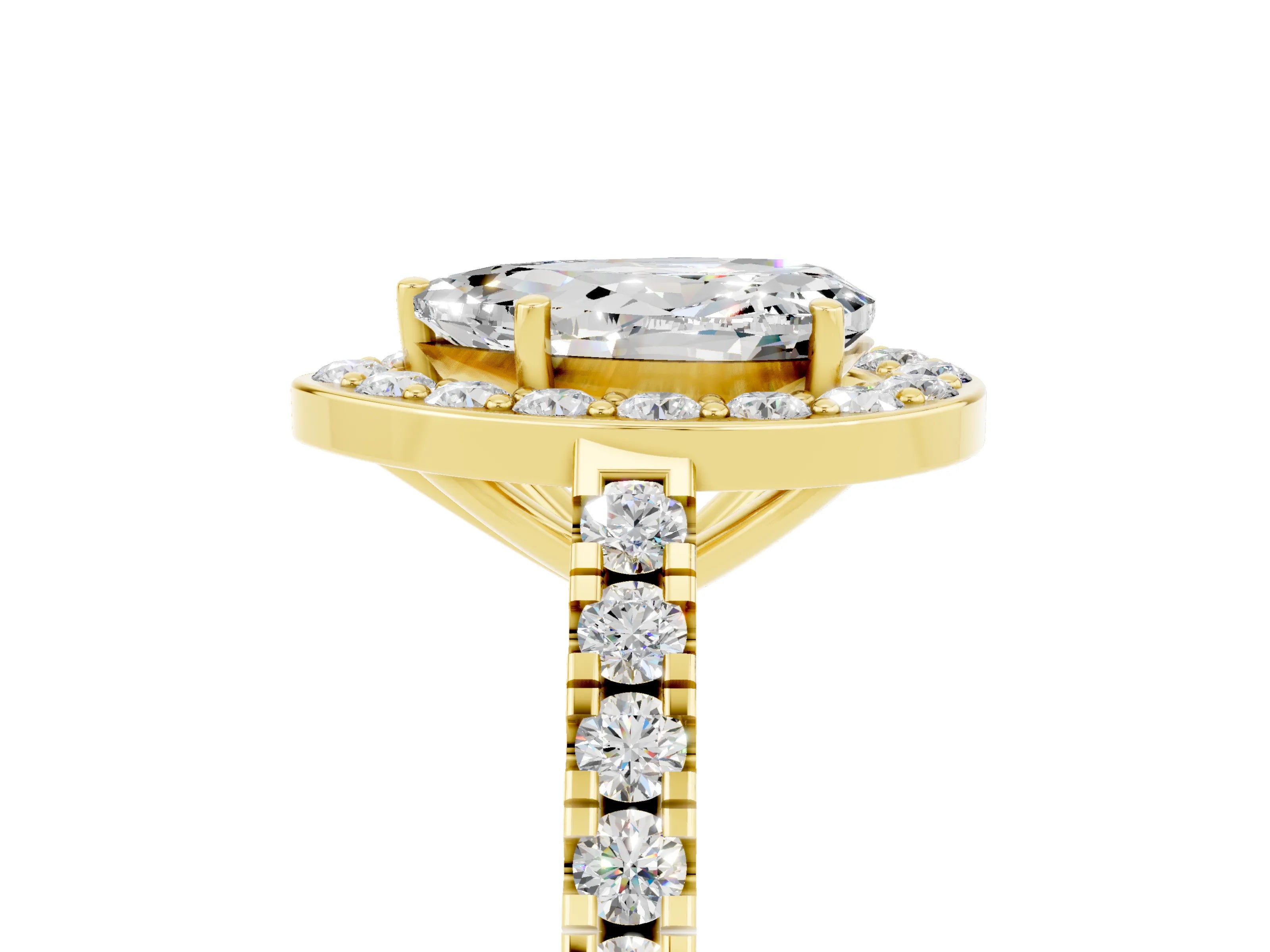 Yellow gold Pear Cut Halo Diamond Ring with Pavé Band and Three-Prong Setting_5