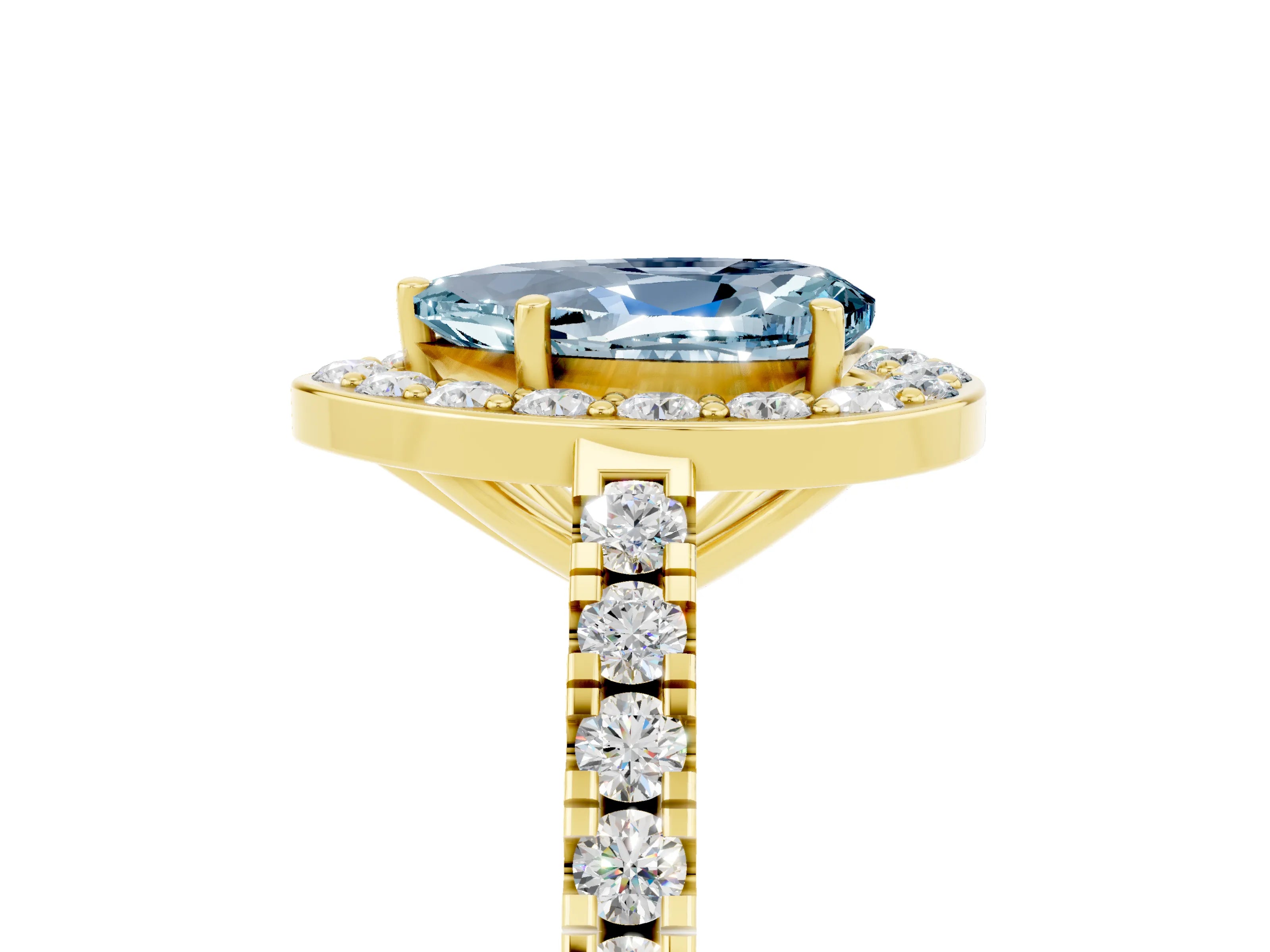 Yellow gold Pear Cut Halo Diamond Ring with Pavé Band and Three-Prong Setting_5