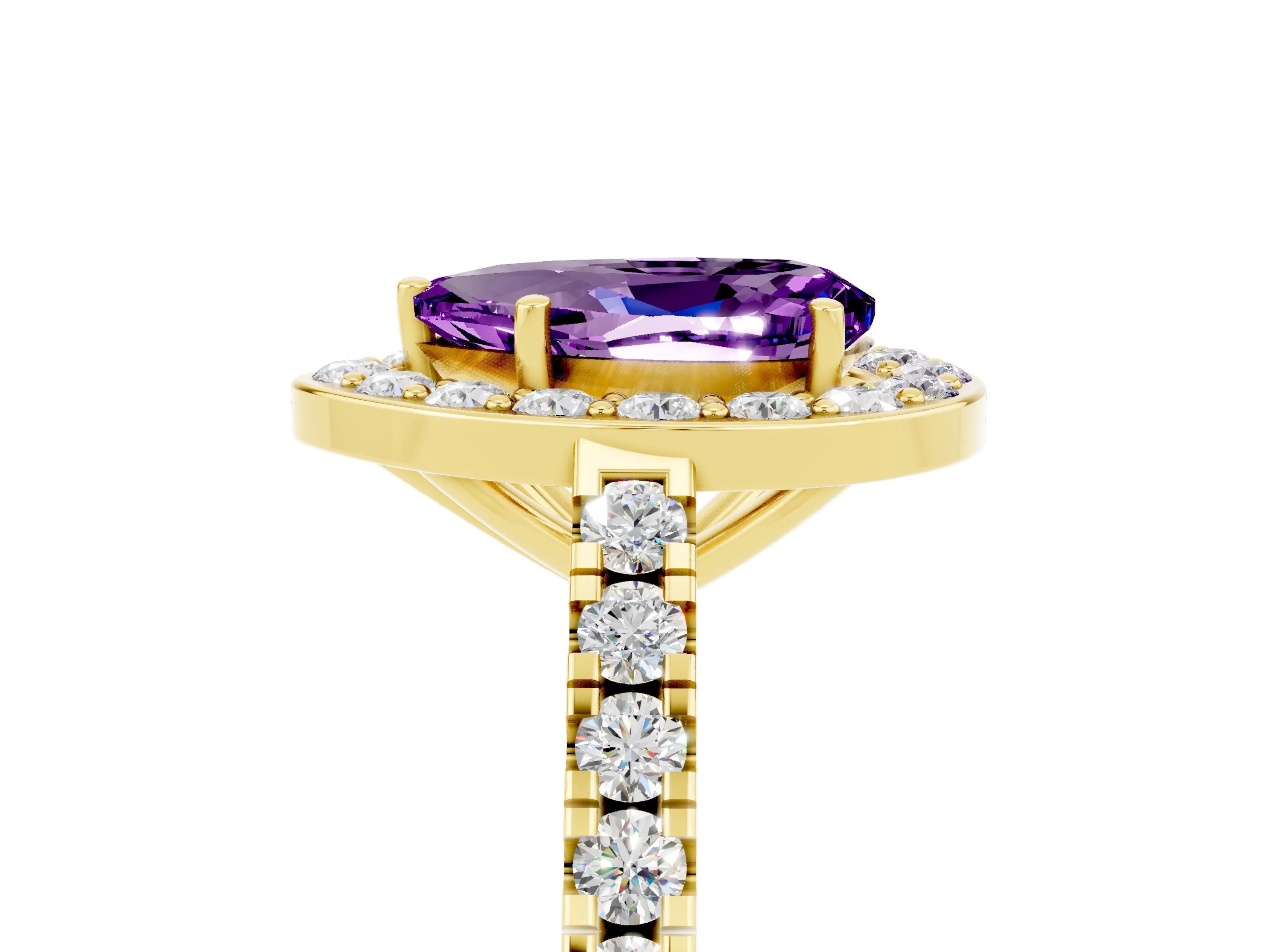 Yellow gold Pear Cut Halo Diamond Ring with Pavé Band and Three-Prong Setting_5