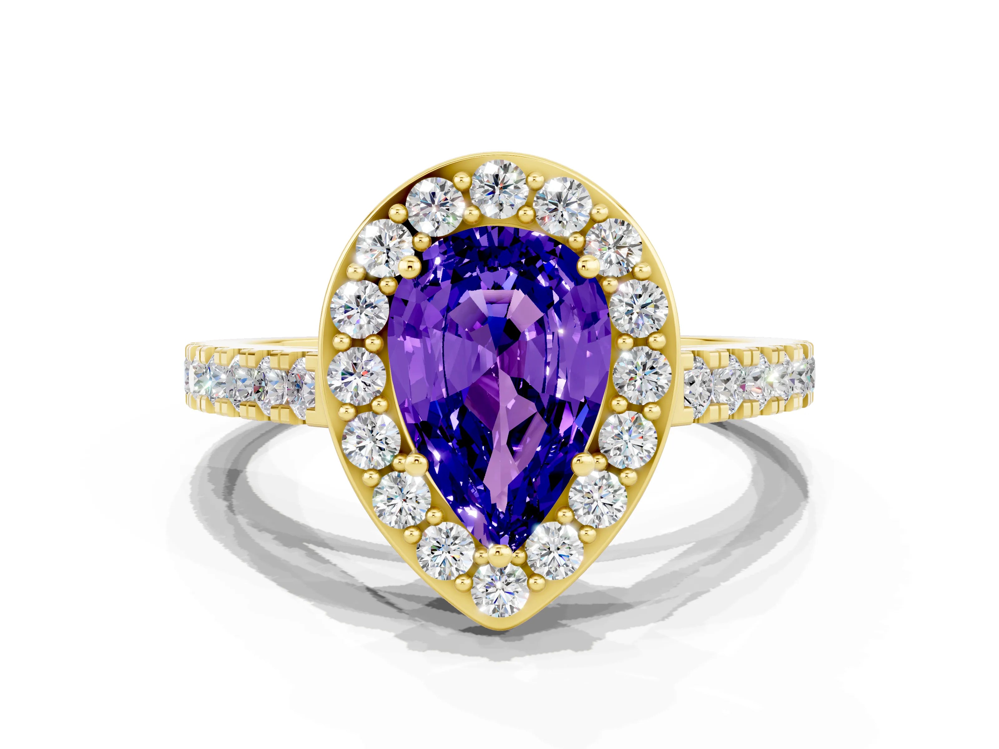 Yellow gold Pear Cut Halo Diamond Ring with Pavé Band and Three-Prong Setting