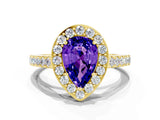 Yellow gold Pear Cut Halo Diamond Ring with Pavé Band and Three-Prong Setting