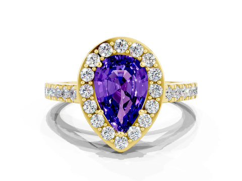 Yellow gold Pear Cut Halo Diamond Ring with Pavé Band and Three-Prong Setting