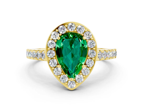 Yellow gold Pear Cut Emerald Halo Ring with Round Pavé Split Shank and Prong Setting